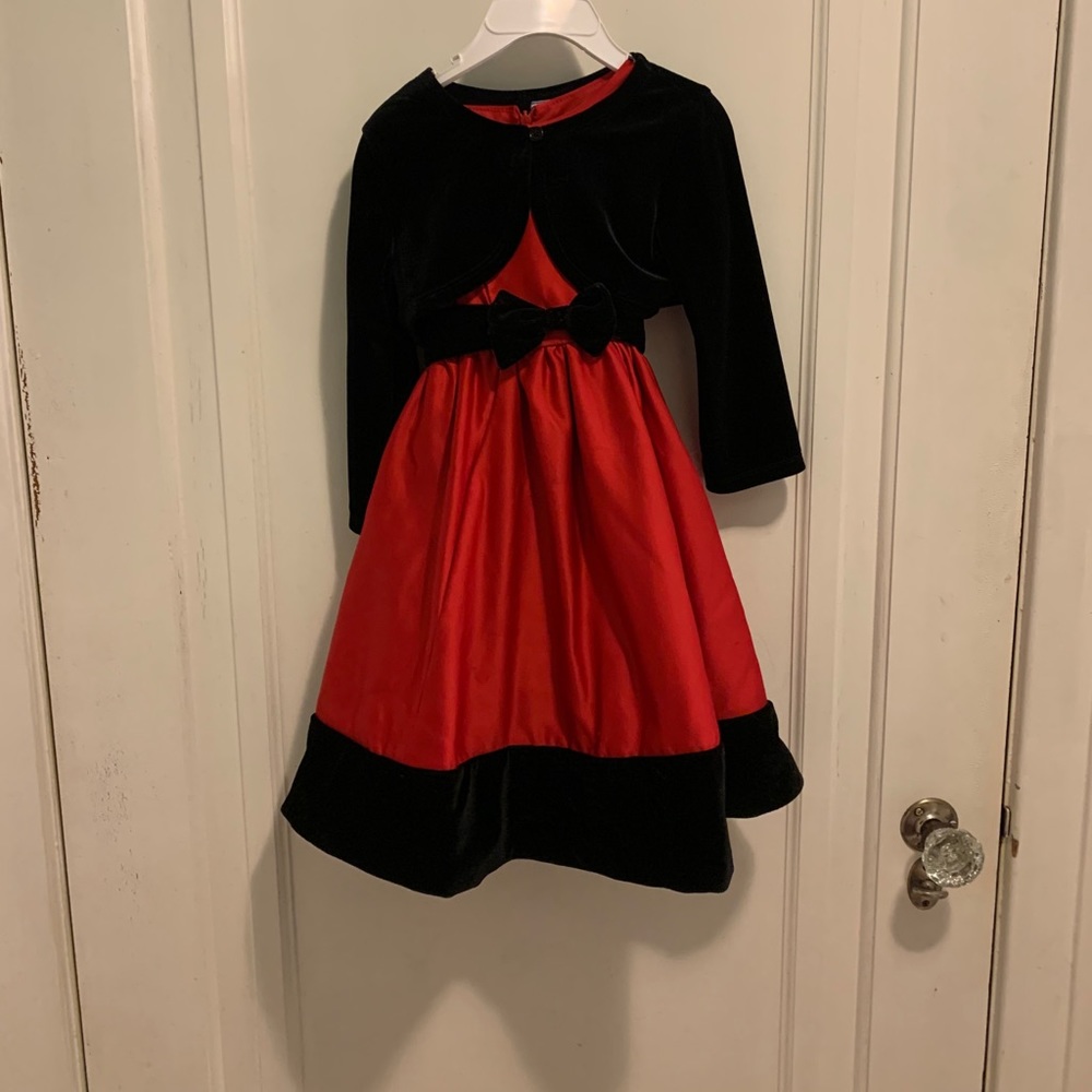 Red dress with Black Velvet Accents and Jacket